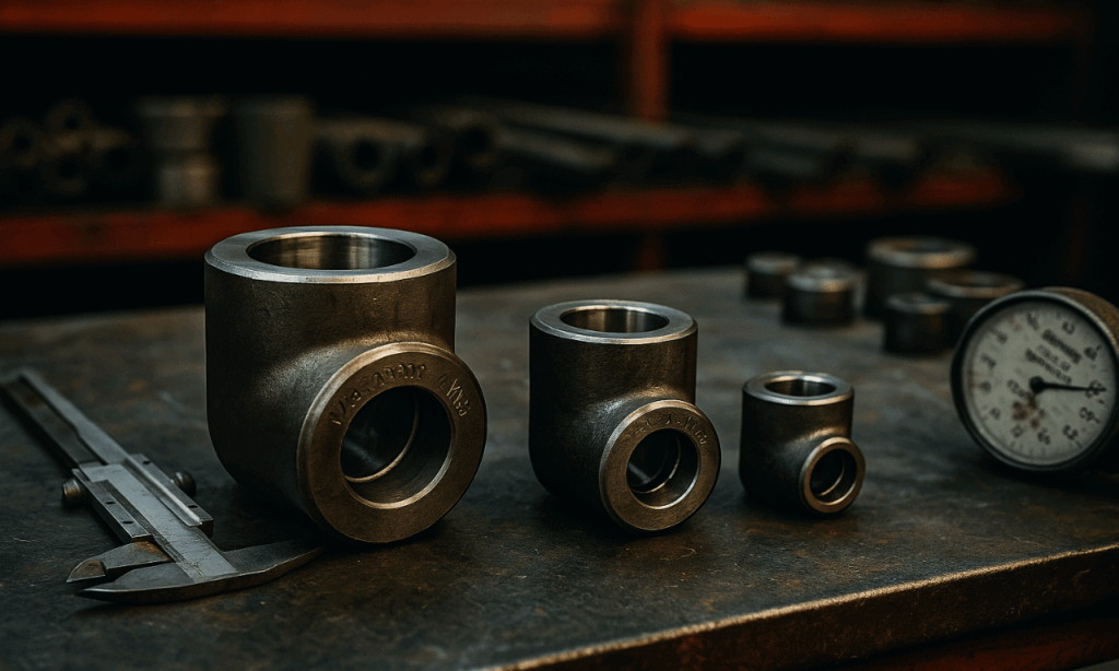 Conexiones socket weld (sockolets) con calibre y manómetro en banco de taller.